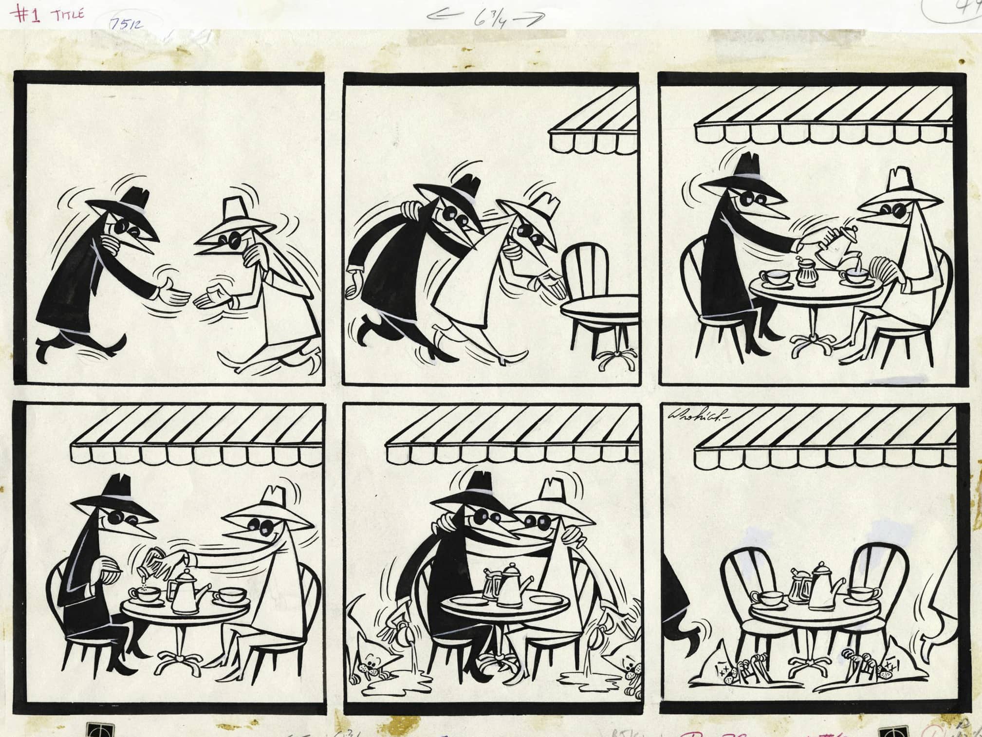 Vintage Spy Versus Spy cartoon strip, with the two spies meeting for "coffee" (neither drinking because they're each trying to poison the other)