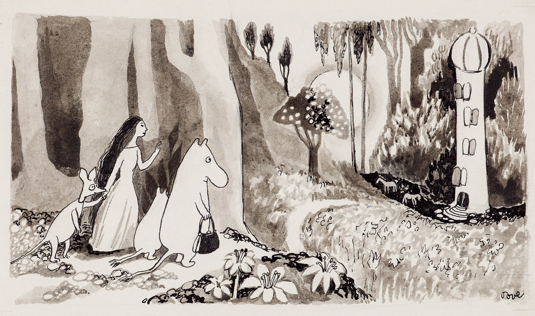 Inkwash painting by Tove Jansson, depicting Moominmamma, Moomintroll, Sniff, and Tulippa looking at the Moomin house